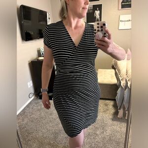 White House Black Market Black & White striped faux wrap V neck, tulip cut dress